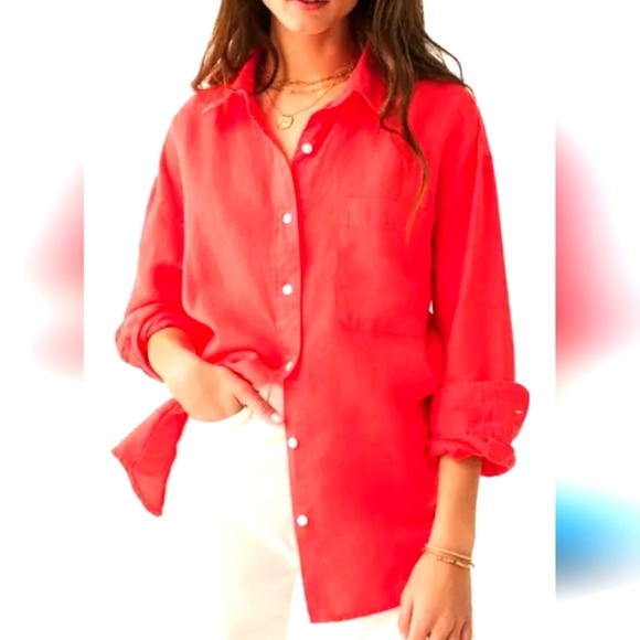 Land's End Linen Brigh Pink Button Up Long Sleeve Tunic Shirt Size XS - Picture 1 of 5